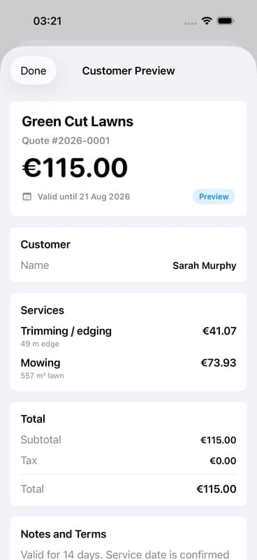 LawnQuote customer preview showing the business name, quote total, services, and terms.