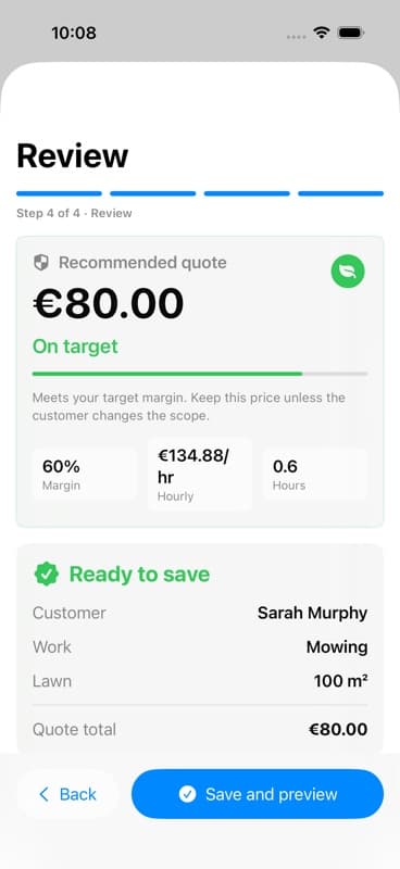 LawnQuote quote review showing the recommended price, customer, work, and total before sharing.