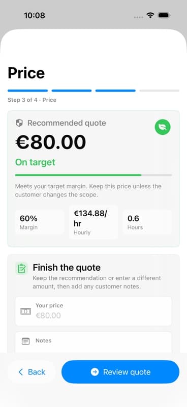 LawnQuote price screen showing a recommended quote, margin, hourly revenue, and estimated hours.